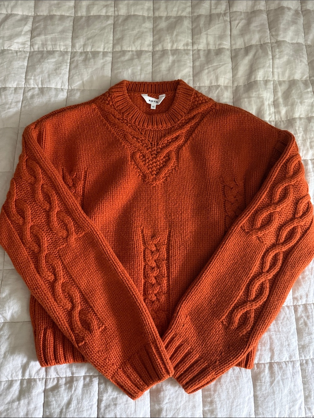 KOTN 100% Lambs Wool Burnt Orange Cable Knit Sweater